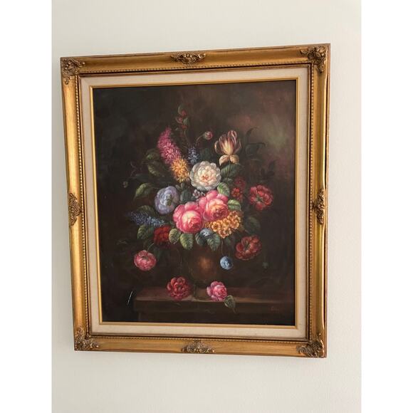 Vtg Antique 30x26 Oliver Botanical Oil Painting on Canvas Gorgeous Framed ART - Picture 1 of 14